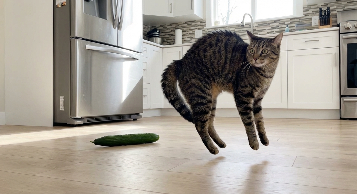 A startled tabby cat mid-jump in a bright kitchen with a whole cucumber on the floor behind it