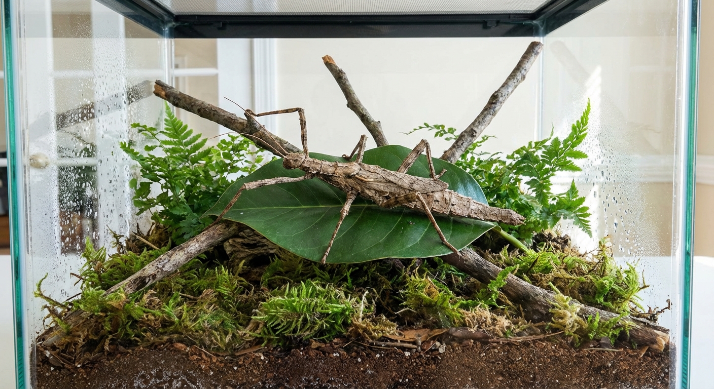 A stick insect resting on a green leaf inside a clean terrarium