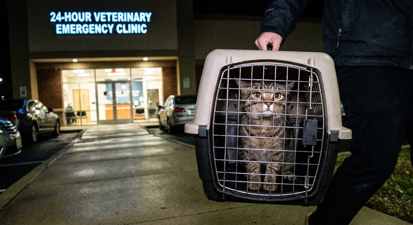 A stressed but alert short-haired cat inside a plastic carrier being carried toward the entrance of a veterinary emergency clinic at night, realistic photo