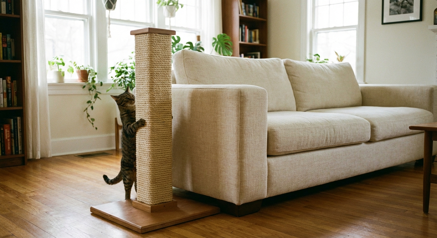 A sturdy cat scratching post placed beside a fabric sofa in a bright living room