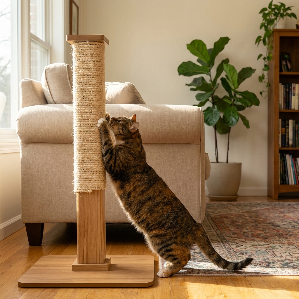 A sturdy scratching post with a wide base placed next to a couch