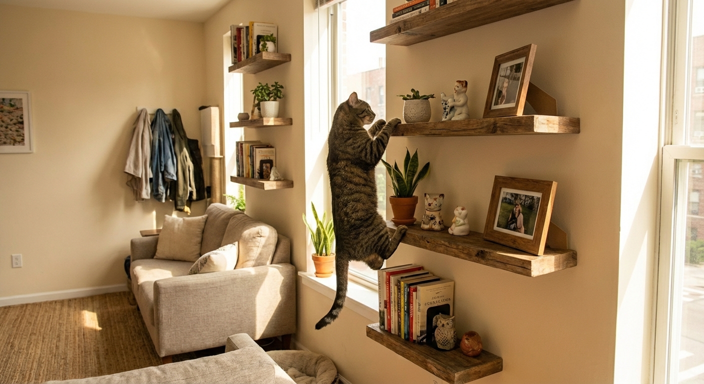 A tabby cat climbing a set of wall-mounted shelves in a small living room