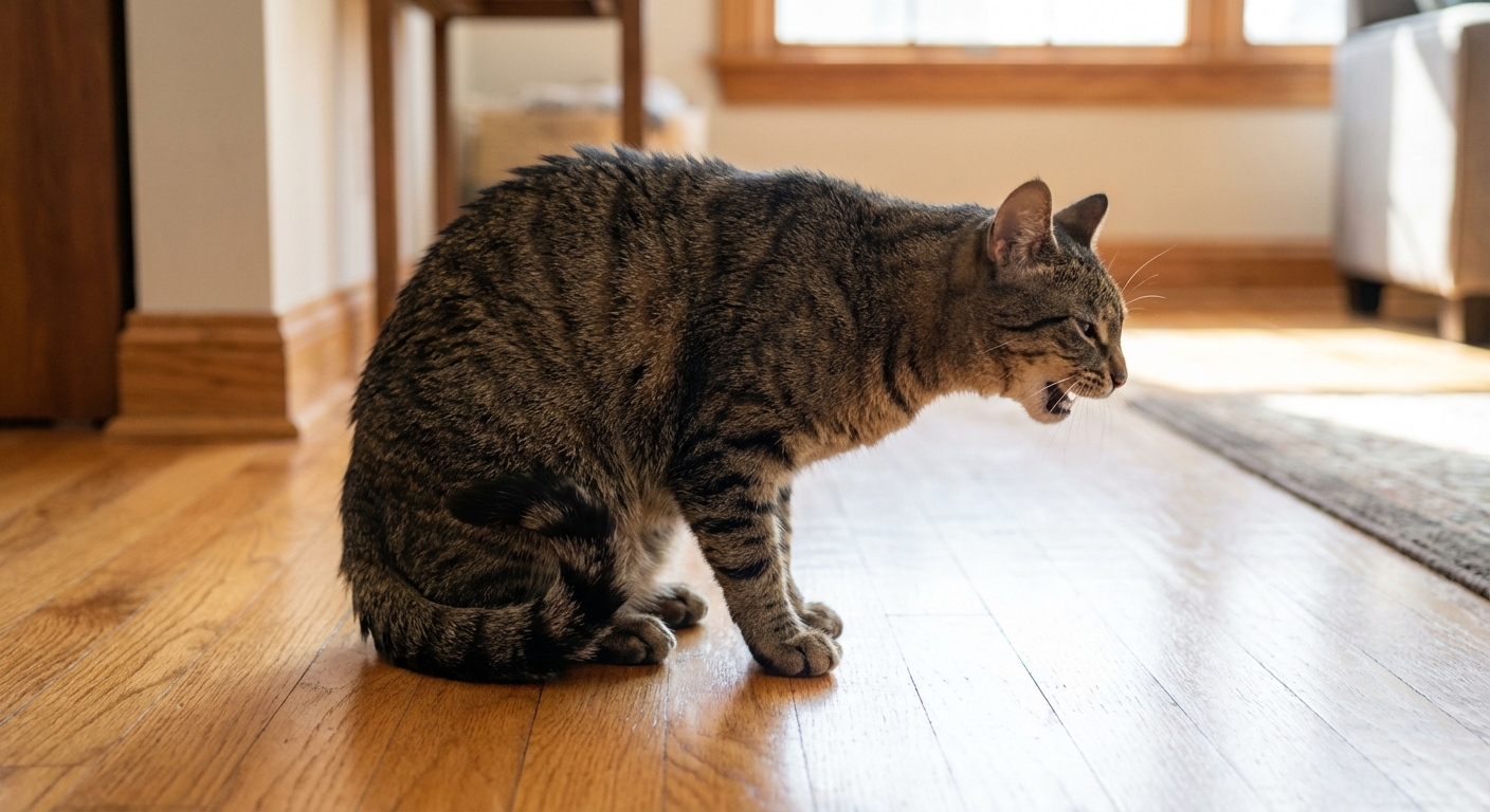A tabby cat crouched low with neck extended in a coughing posture on a hardwood floor
