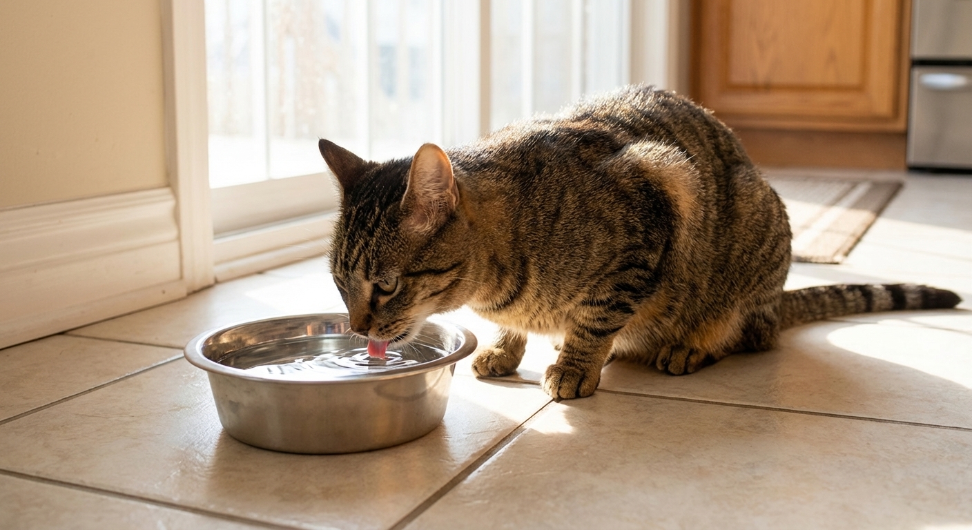 A tabby cat crouched on a kitchen floor drinking from a stainless steel water bowl in bright natural light, realistic home photograph