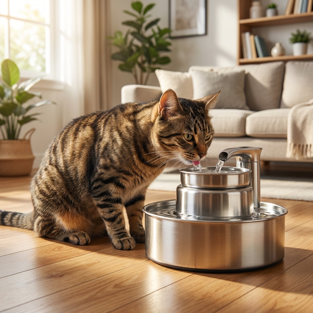 A tabby cat drinking from a stainless steel pet water fountain in a living room