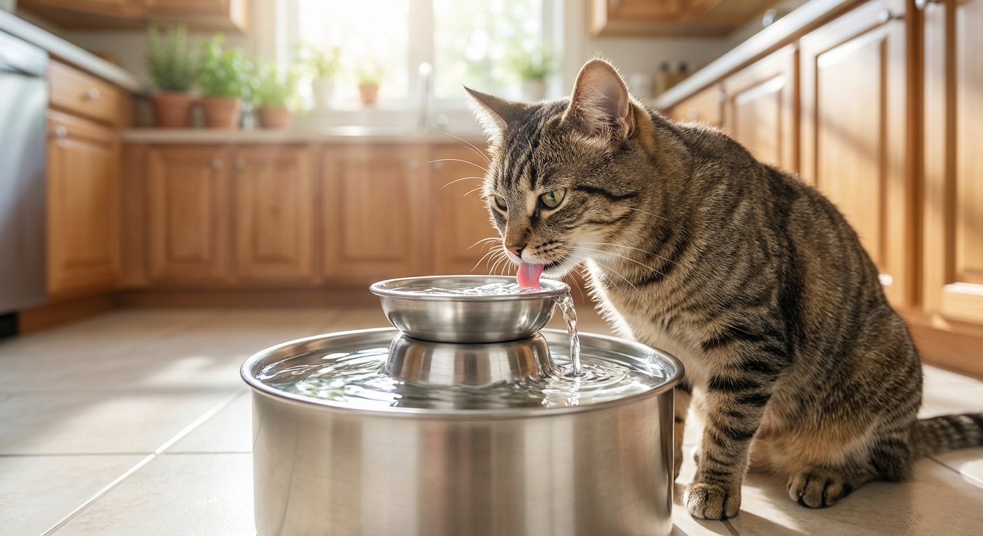A tabby cat drinking from a stainless steel pet water fountain in a bright kitchen, shallow depth of field, photorealistic