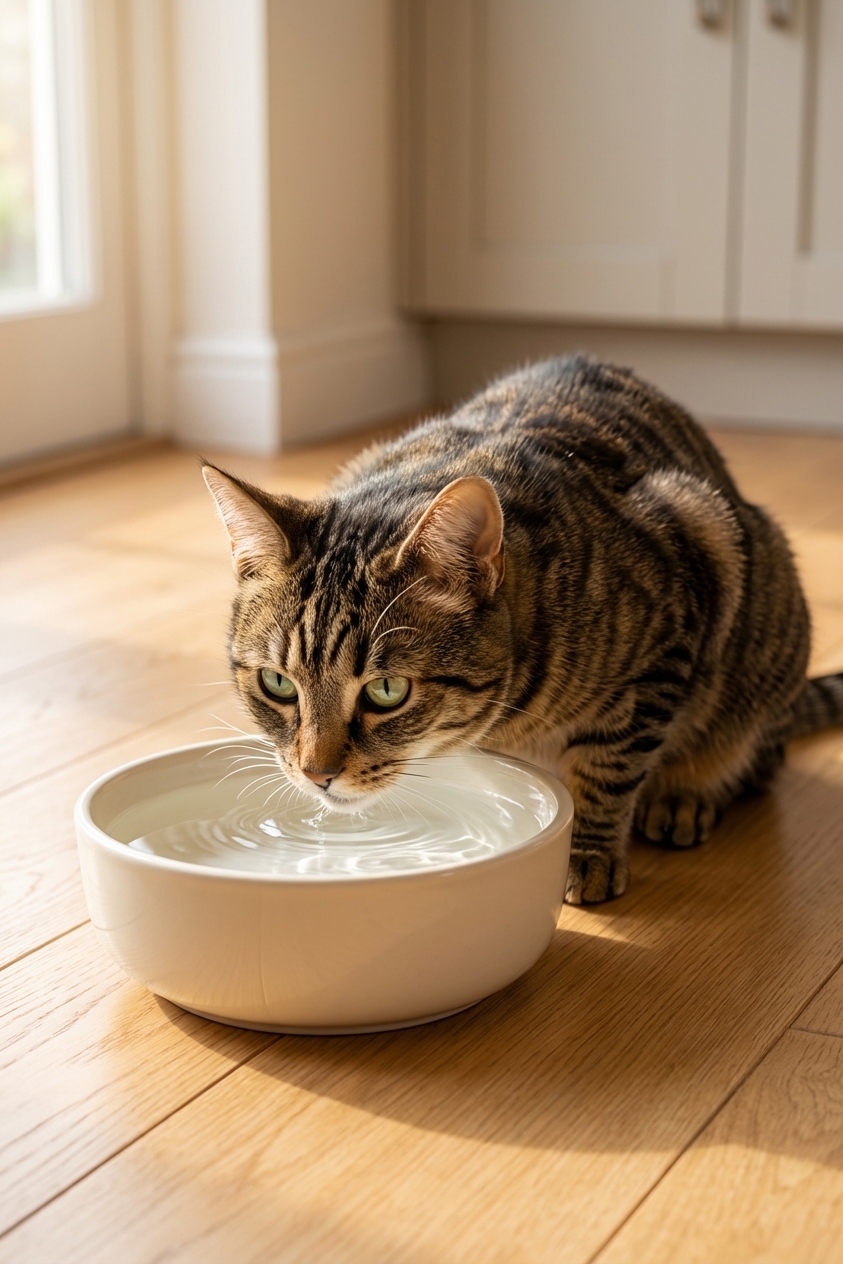A tabby cat drinking water from a wide ceramic bowl on a clean kitchen floor, soft indoor lighting, photorealistic
