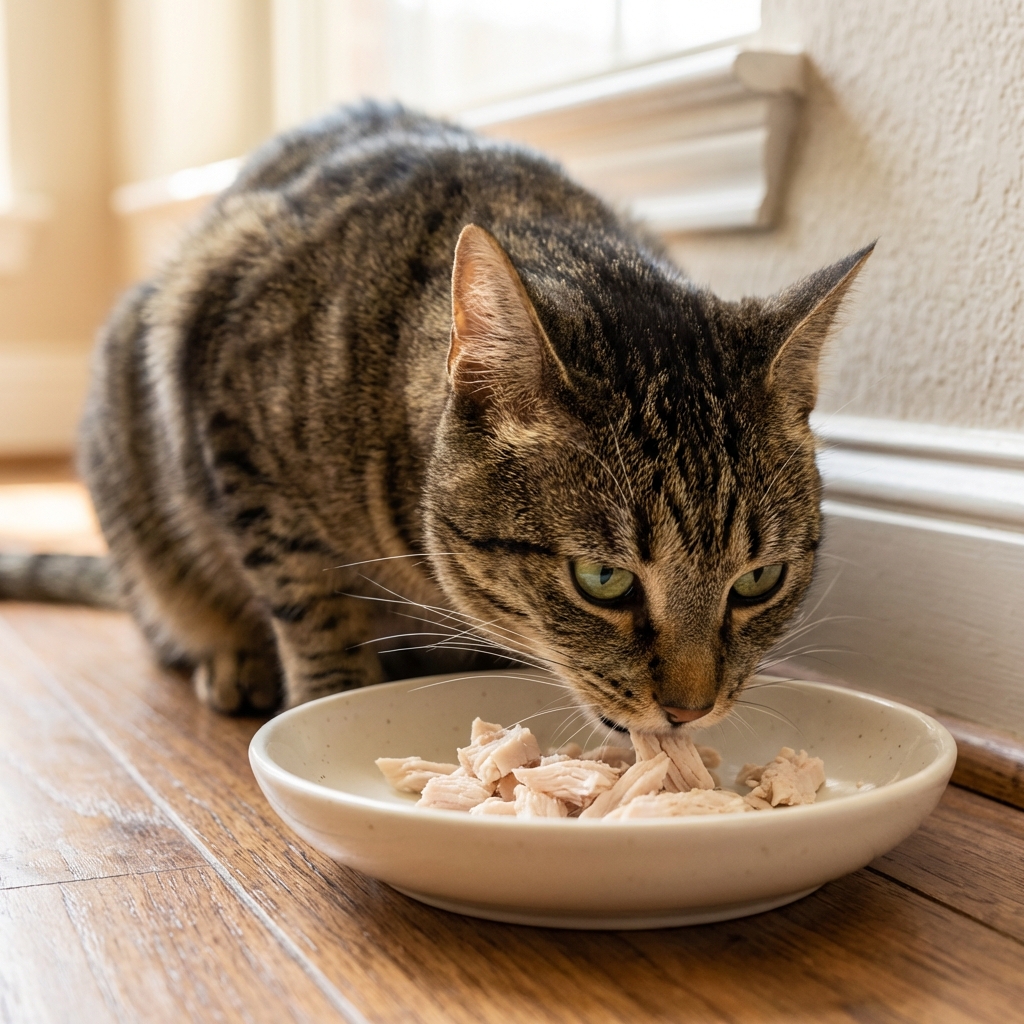 A tabby cat eating a few small pieces of plain cooked turkey from a shallow bowl