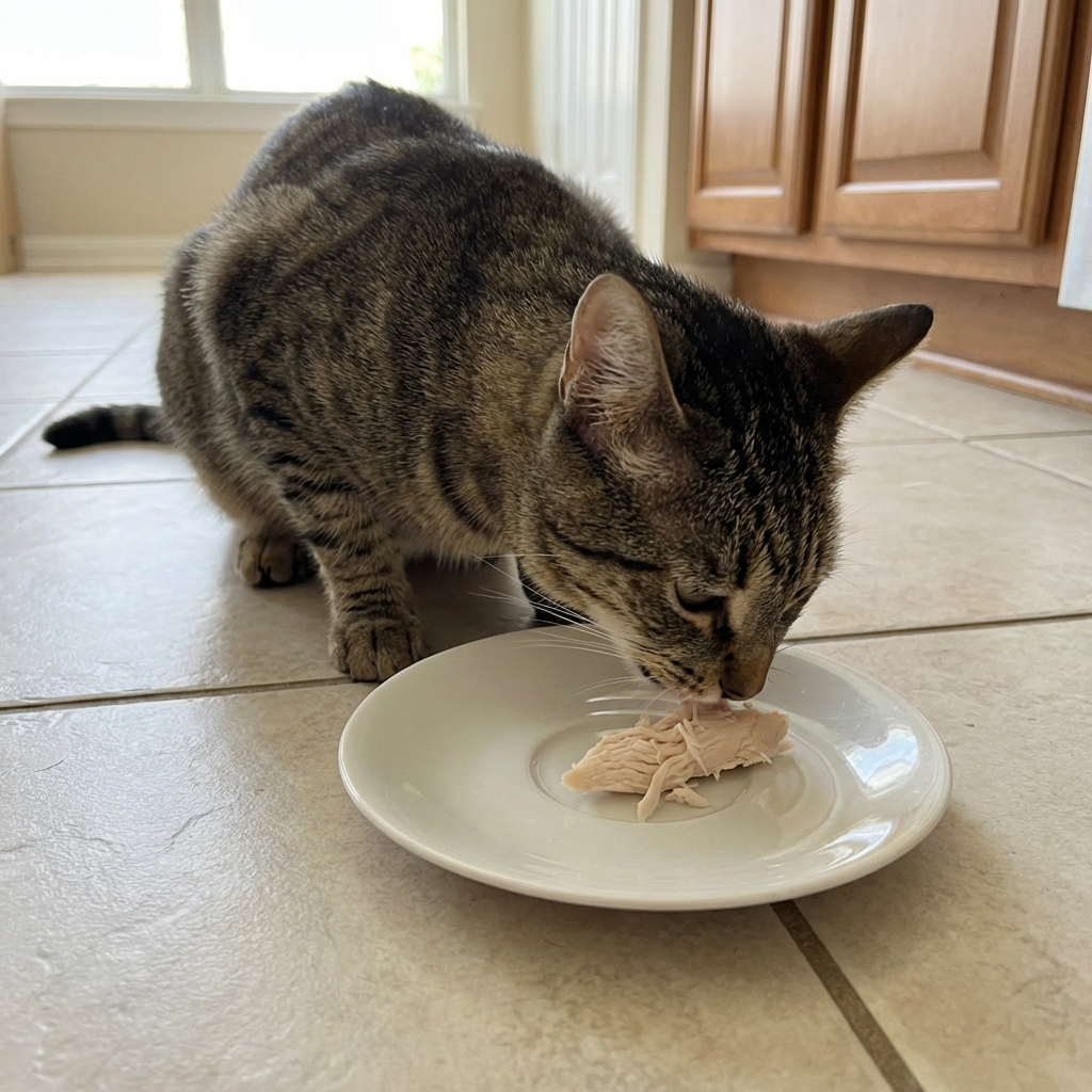 A tabby cat eating a small piece of plain cooked chicken from a shallow dish on a kitchen floor