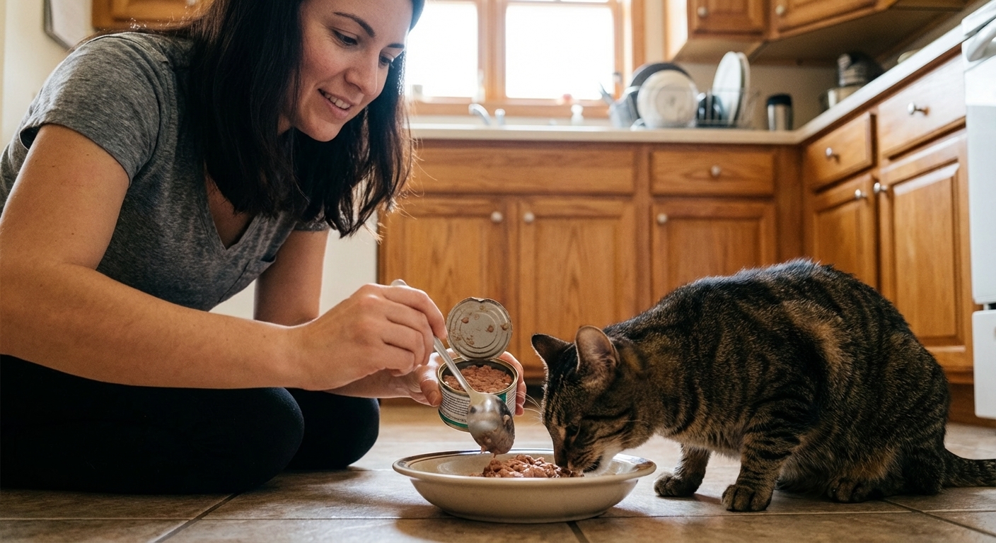 A tabby cat eating from a shallow bowl of canned cat food in a kitchen while an owner measures a portion with a spoon, candid real photograph