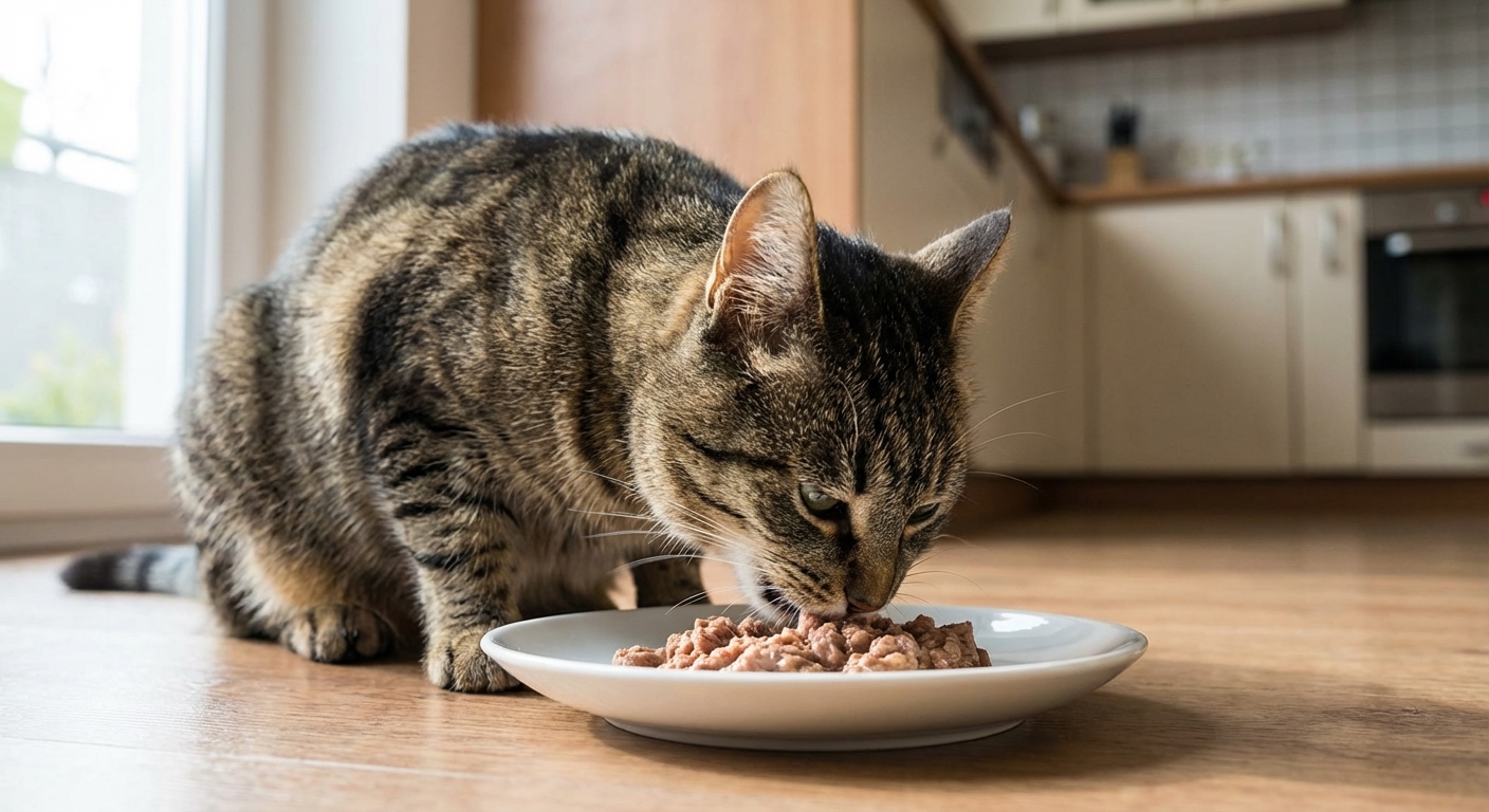 A tabby cat eating wet food from a shallow bowl on a kitchen floor, natural indoor light, realistic photography