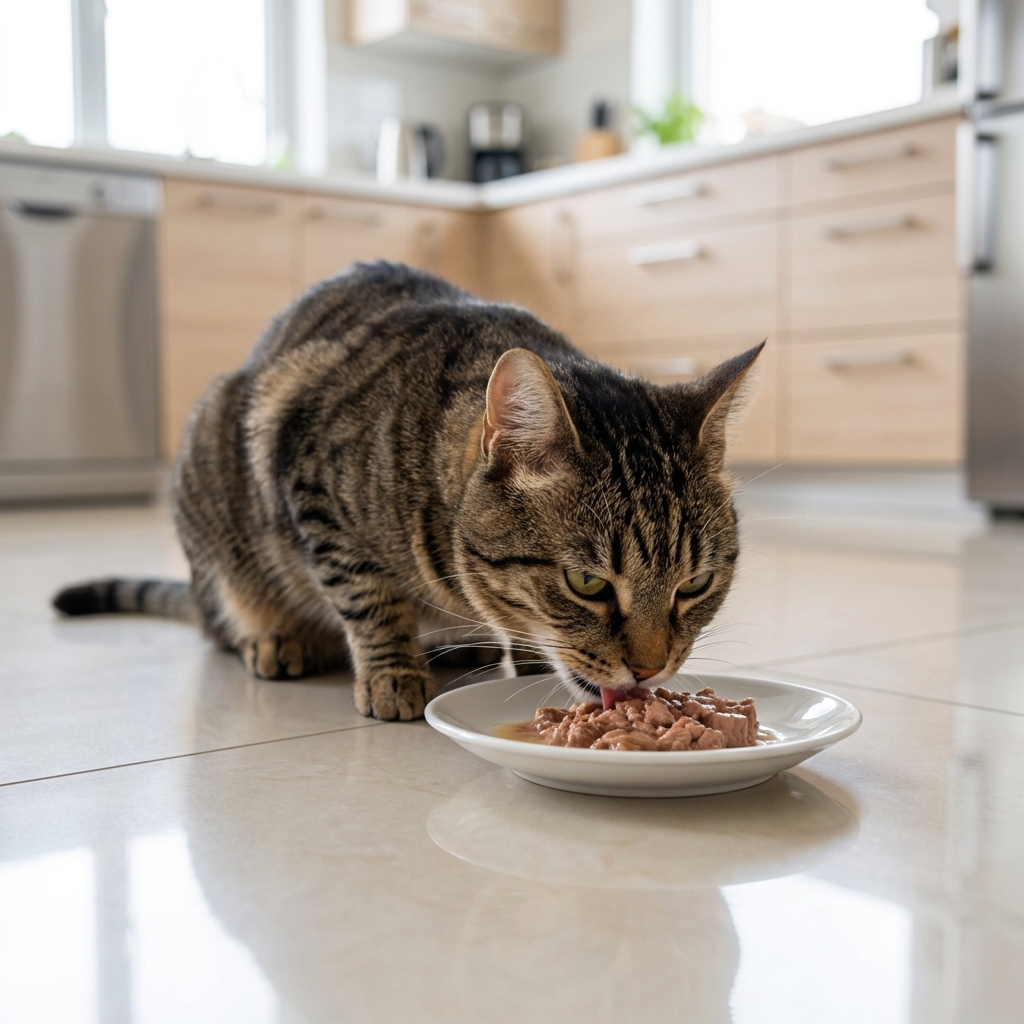 A tabby cat eating wet food from a shallow dish on a clean kitchen floor