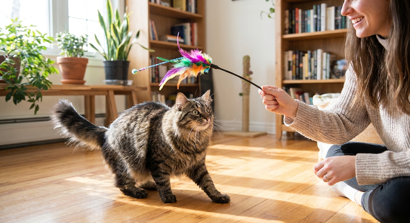 A tabby cat focused on a feather wand toy held by an owner in a bright living room
