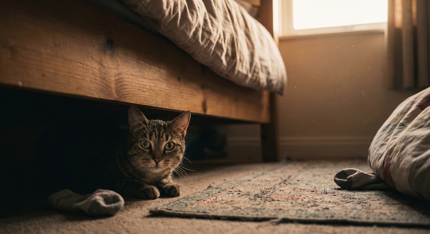 A tabby cat hiding under a bed in a dim bedroom with only the cat's face and front paws visible, candid home photo