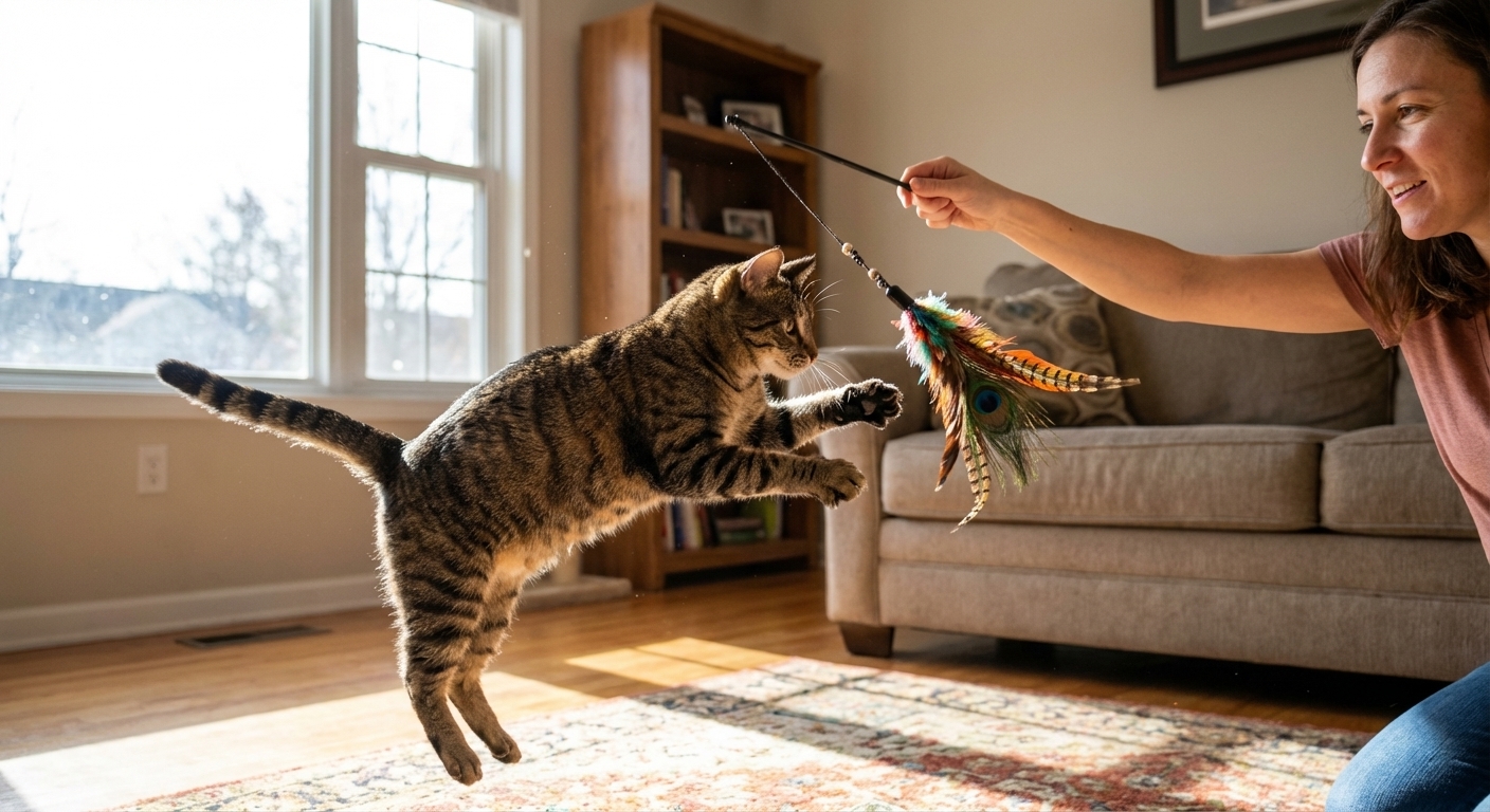 A tabby cat leaping to catch a feather wand toy held by an owner in a bright living room, action-focused photorealistic photography