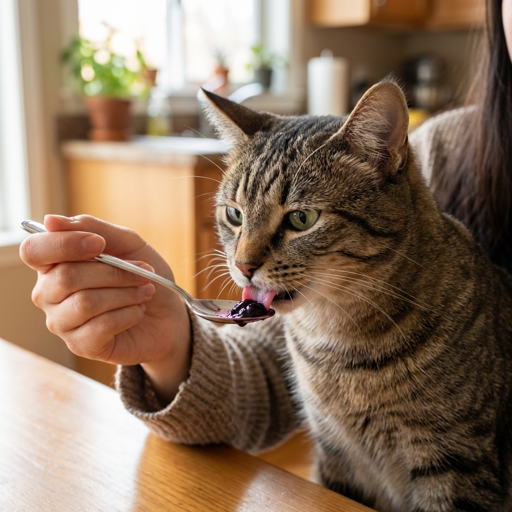 A tabby cat licking a tiny smear of mashed blueberry from a spoon held by a person