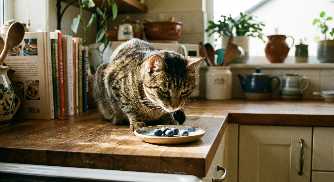 A tabby cat looking at a small dish containing a few blueberries on a kitchen countertop
