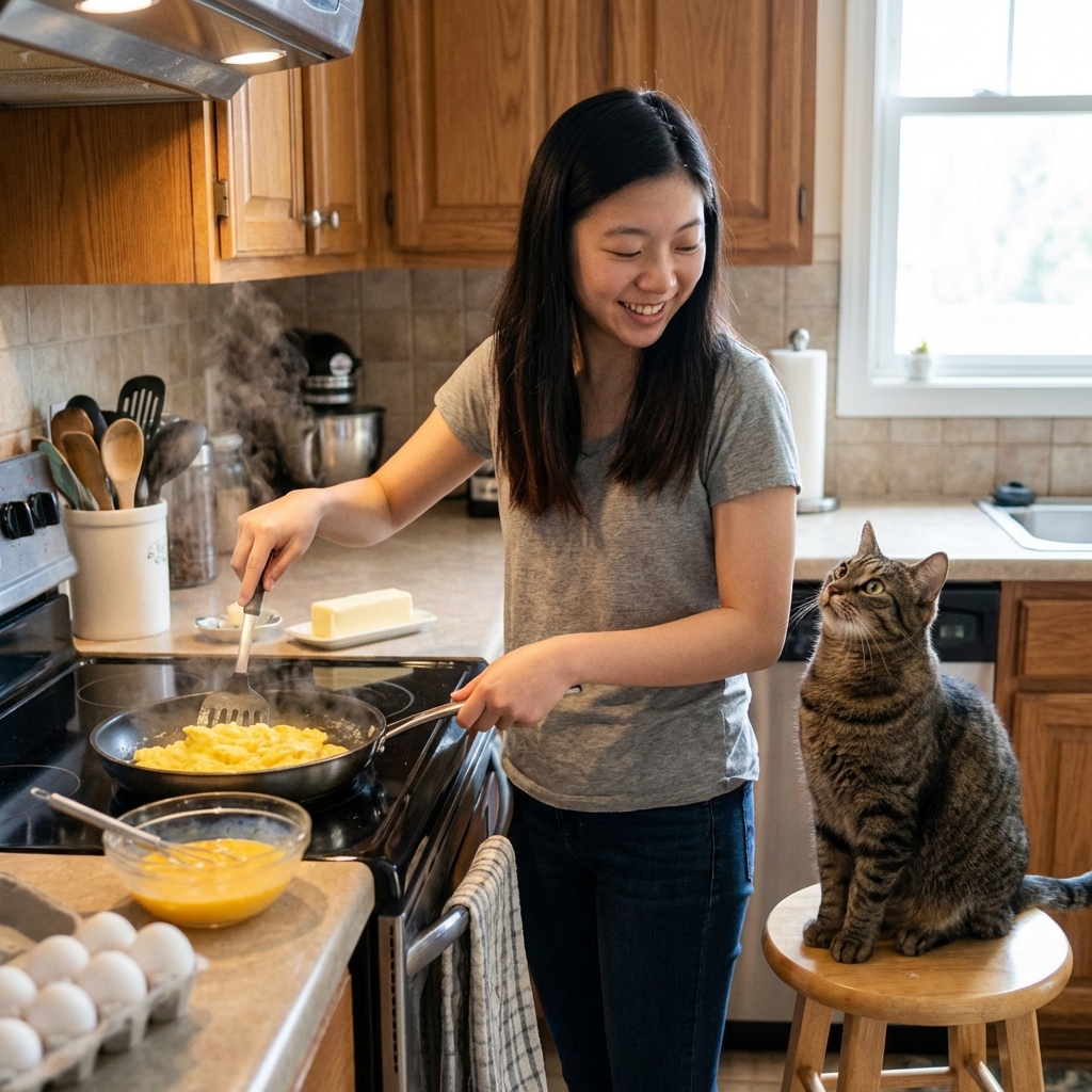 A tabby cat looking up while a person prepares plain scrambled egg in a kitchen