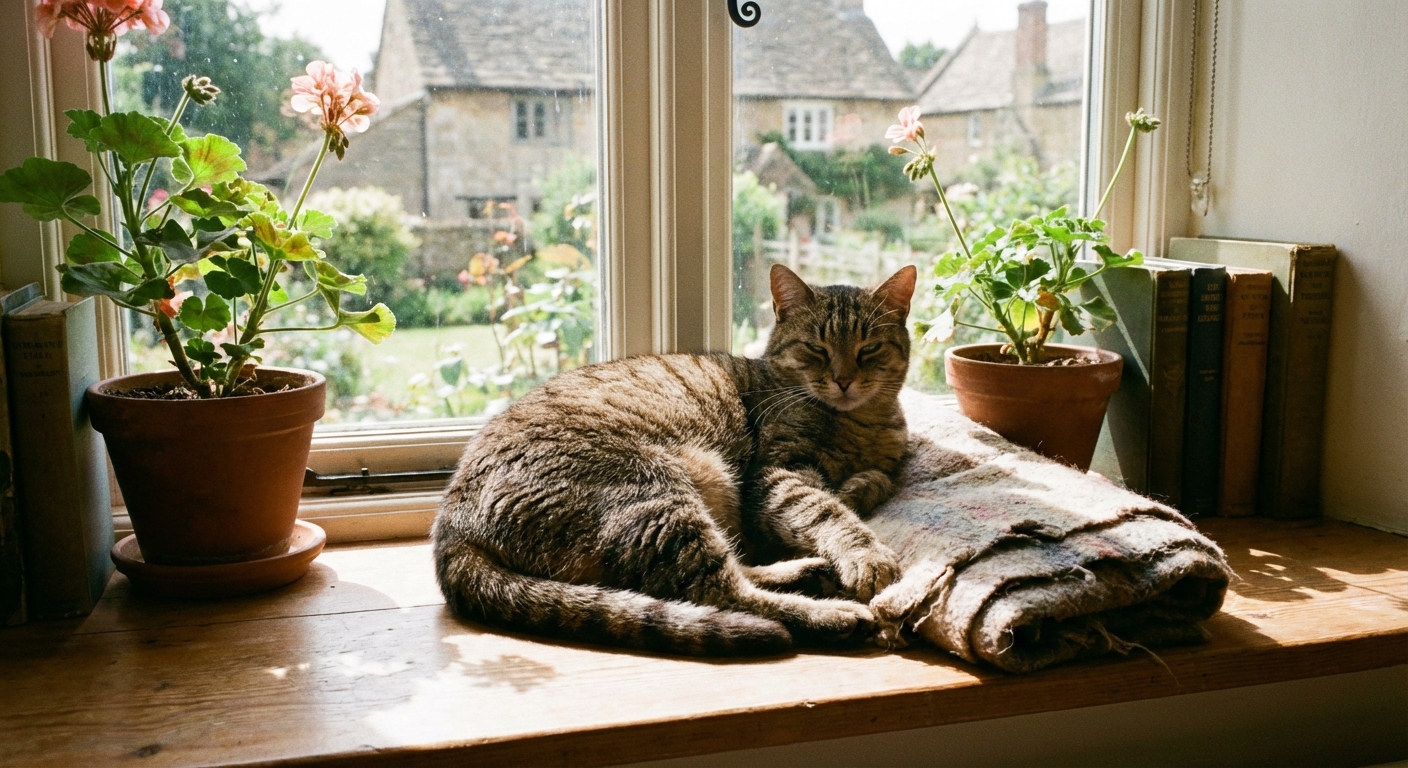 A tabby cat lounging on a sunny windowsill looking relaxed