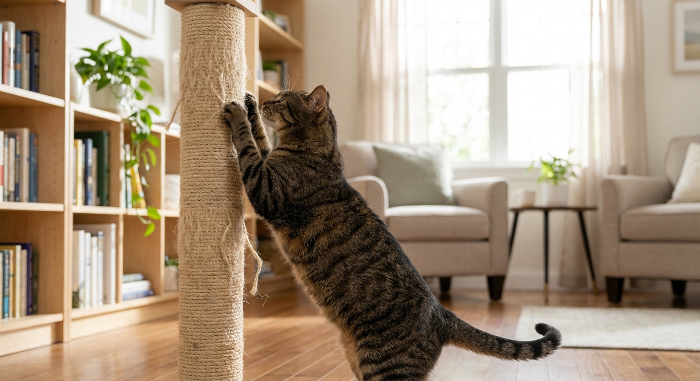 A tabby cat scratching a tall sisal scratching post in a living room with natural light