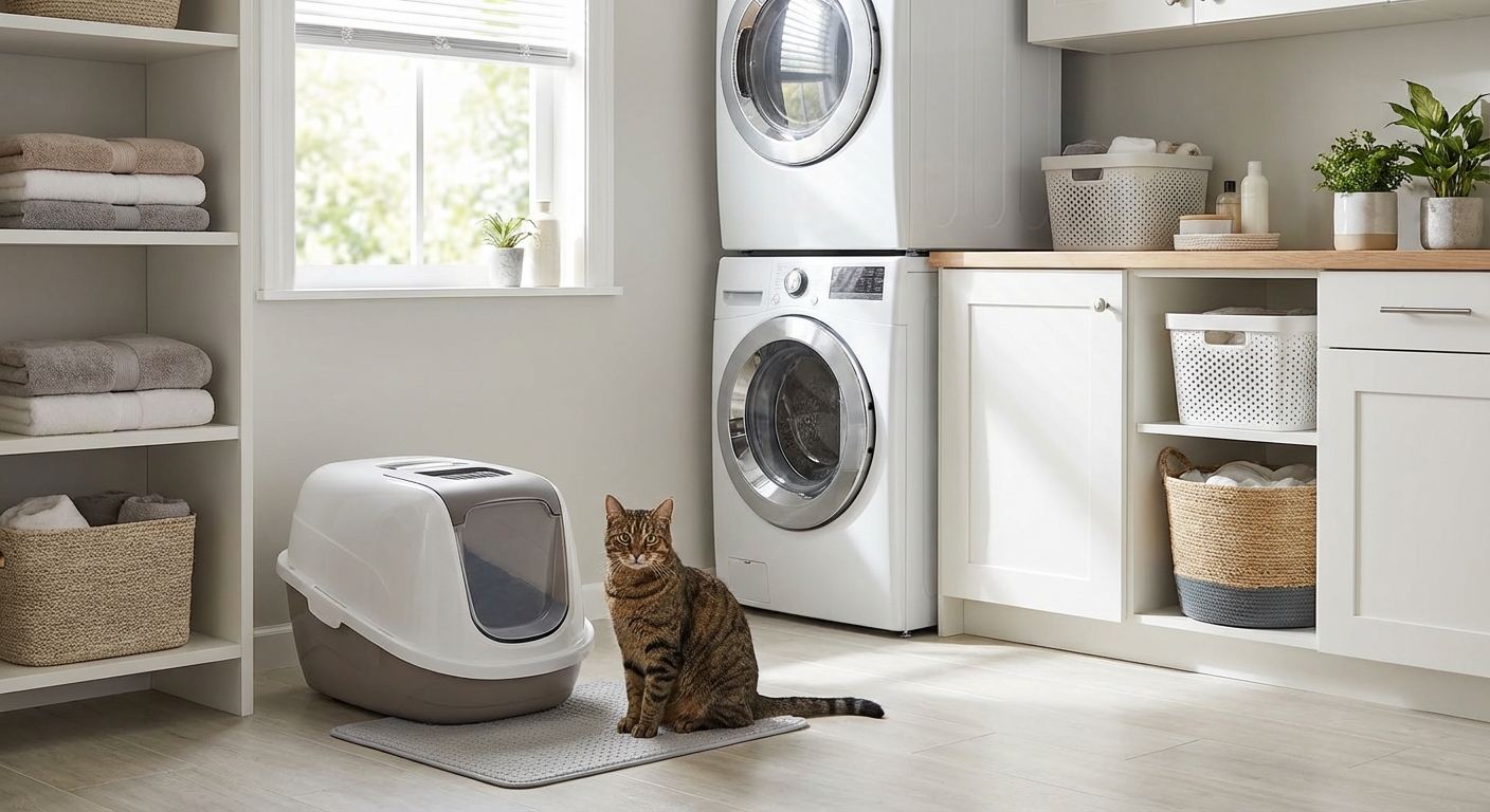 A tabby cat sitting beside a clean litter box in a tidy laundry room