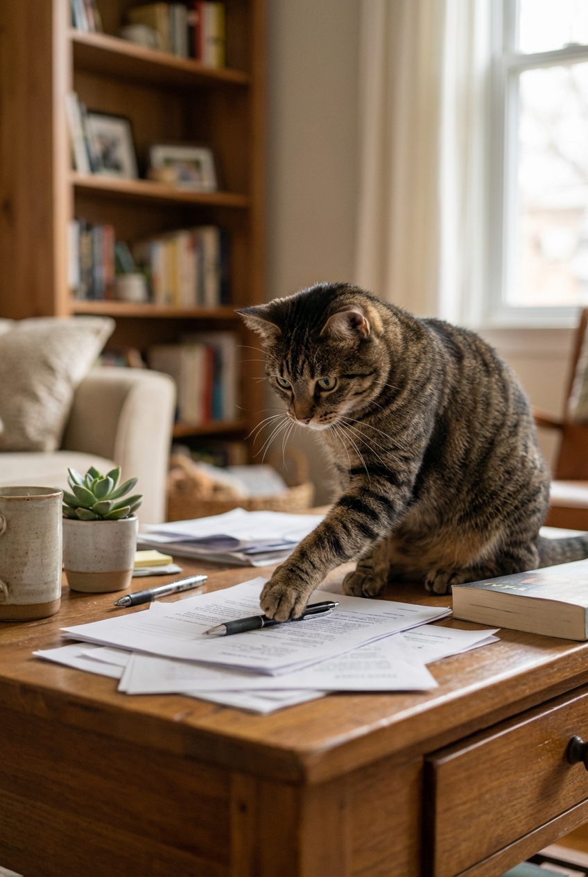 A tabby cat sitting beside a small cluttered coffee table with a paw near a pen
