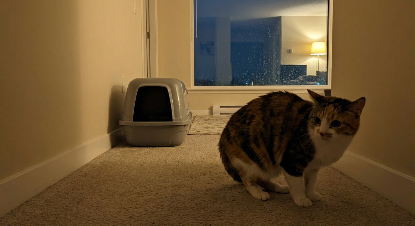 A tabby cat sitting near a litter box in a quiet hallway, looking uncomfortable