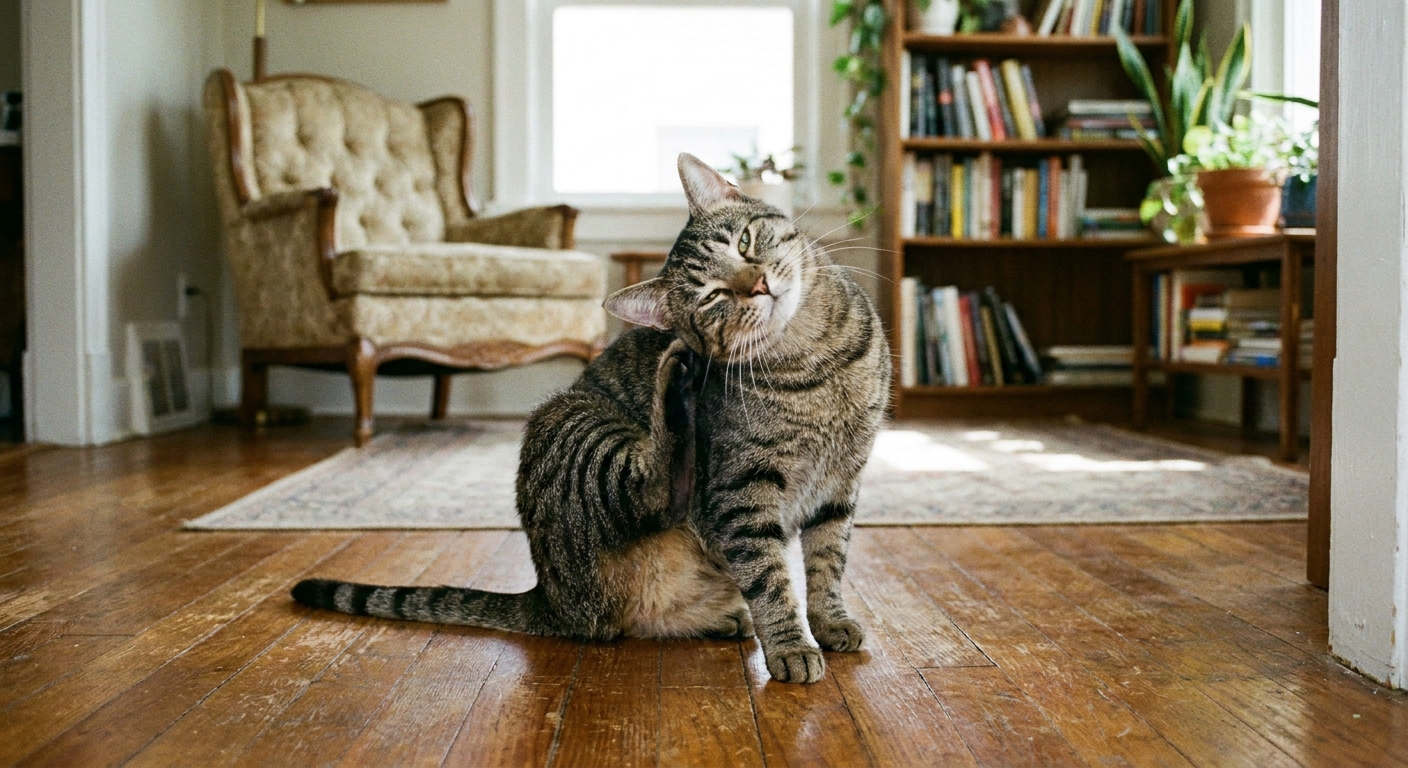 A tabby cat sitting on a living room floor scratching at one ear with a hind paw