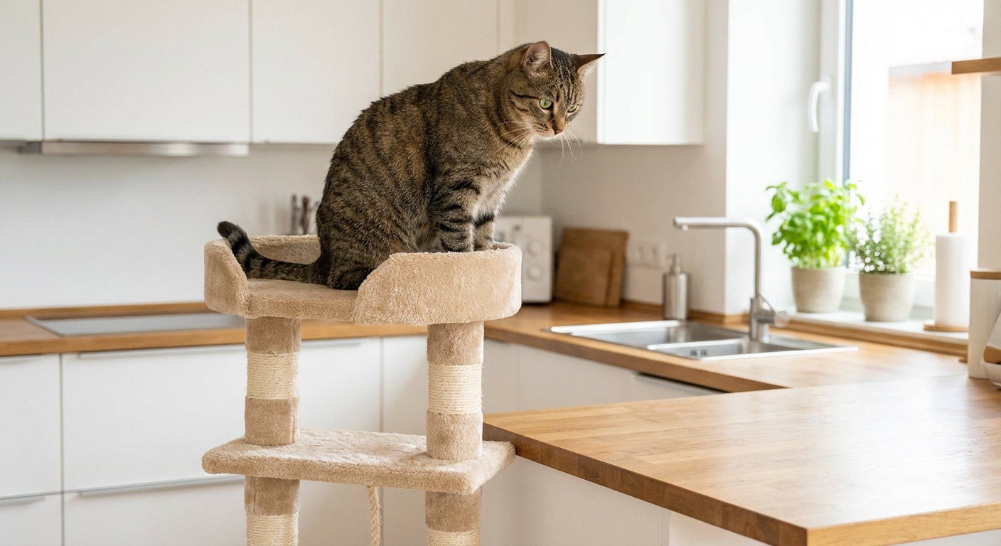 A tabby cat sitting on a tall cat tree in a kitchen, looking toward the counter