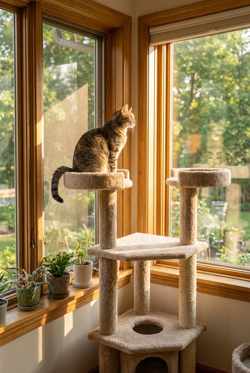 A tabby cat sitting on a tall cat tree near a sunny window