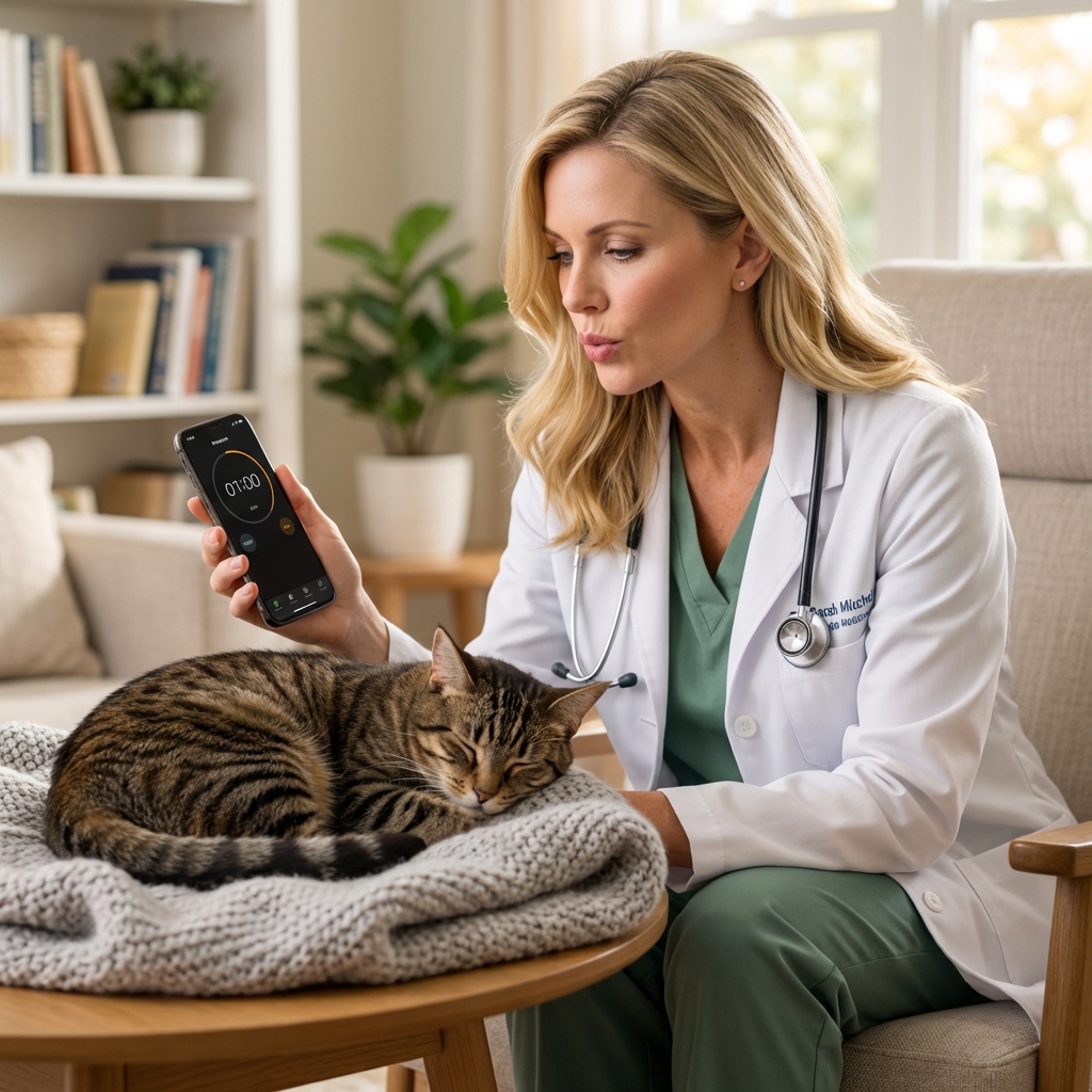 A tabby cat sleeping curled up on a blanket while a person quietly watches and counts breaths with a timer