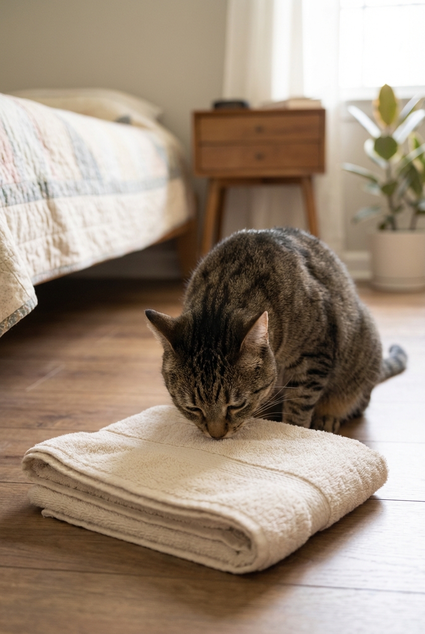 A tabby cat sniffing a folded towel on the floor inside a quiet bedroom