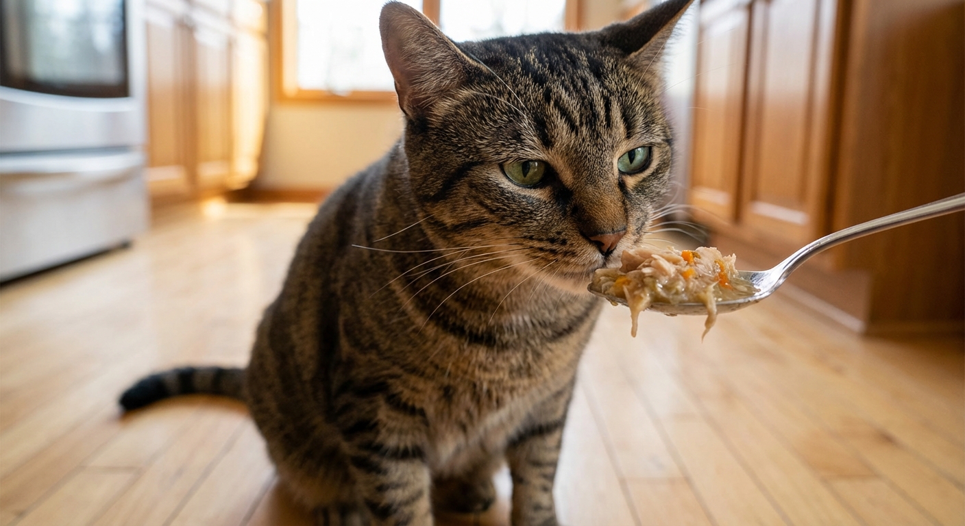 A tabby cat sniffing a spoon of wet homemade food while sitting on a kitchen floor