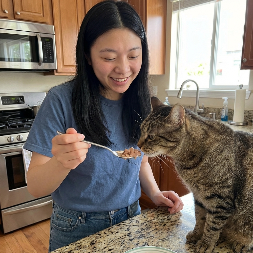 A tabby cat sniffing a spoonful of wet food held by a person in a kitchen