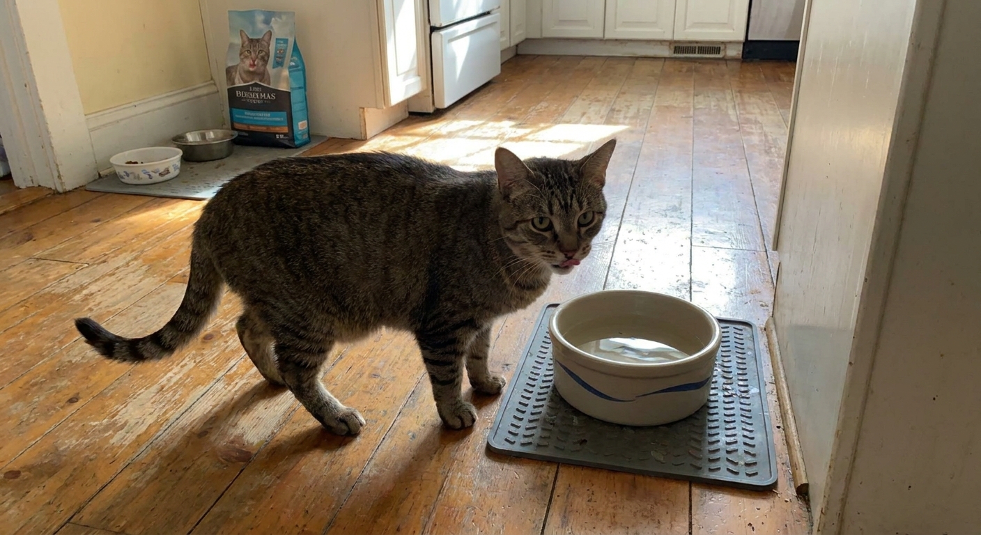A tabby cat standing beside a water bowl in a kitchen, looking thirsty, candid pet health photography