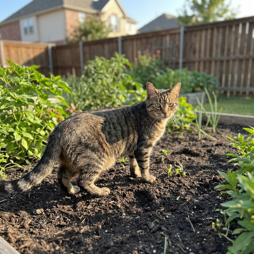 A tabby cat standing near a backyard garden bed with turned soil on a sunny day, realistic photography