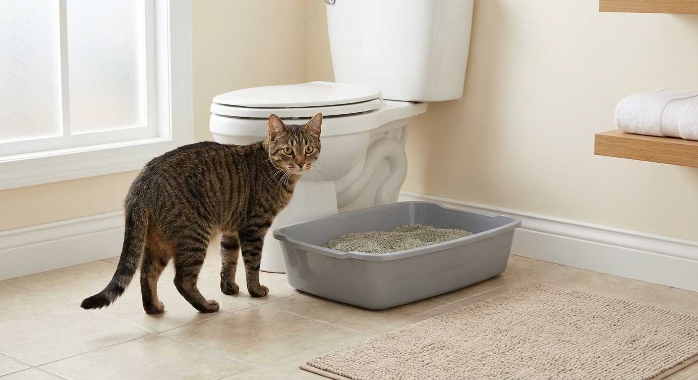 A tabby cat standing near a clean litter box in a quiet bathroom, natural indoor lighting