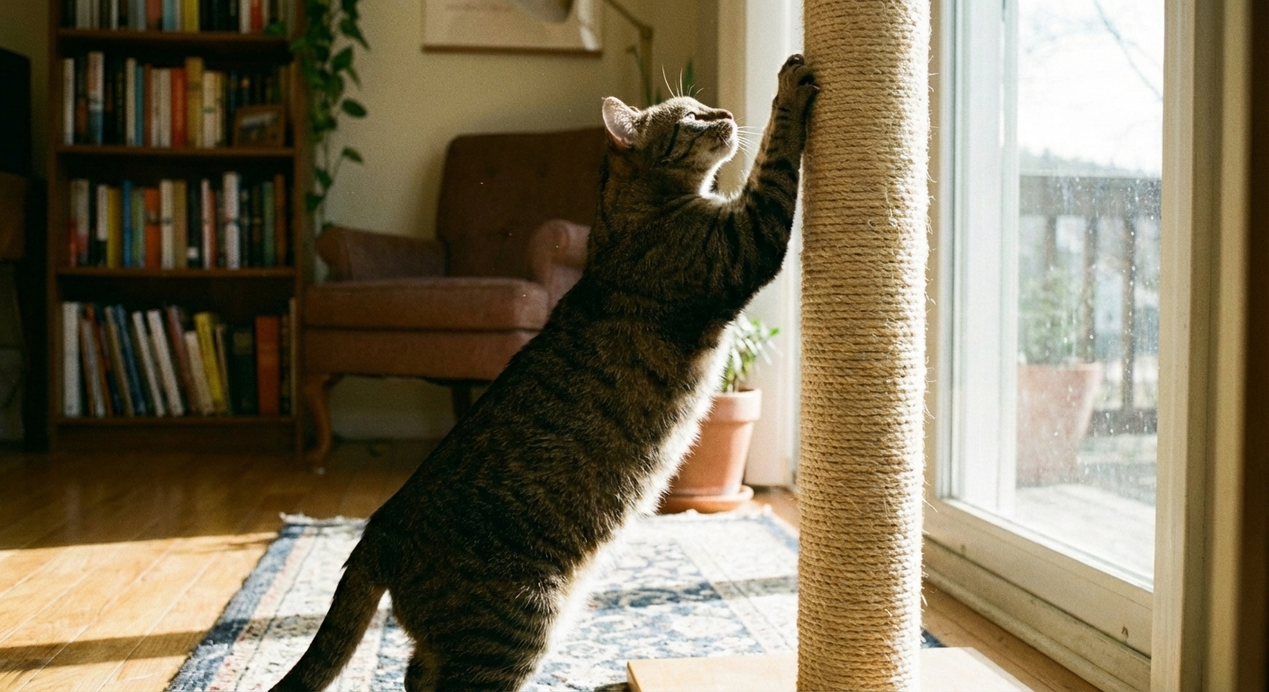 A tabby cat stretching and scratching a tall sisal scratching post in a home