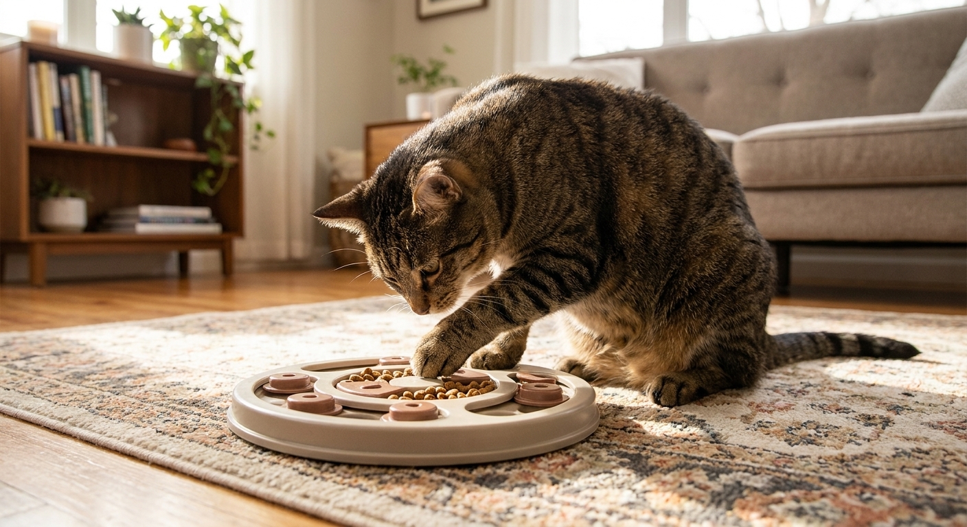 A tabby cat using a puzzle feeder toy on a living room rug, focused and engaged, real photography style