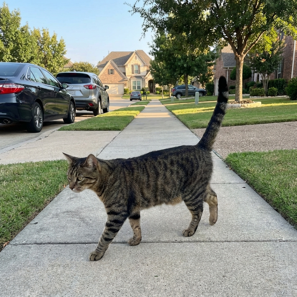 A tabby cat walking along a quiet suburban sidewalk near parked cars