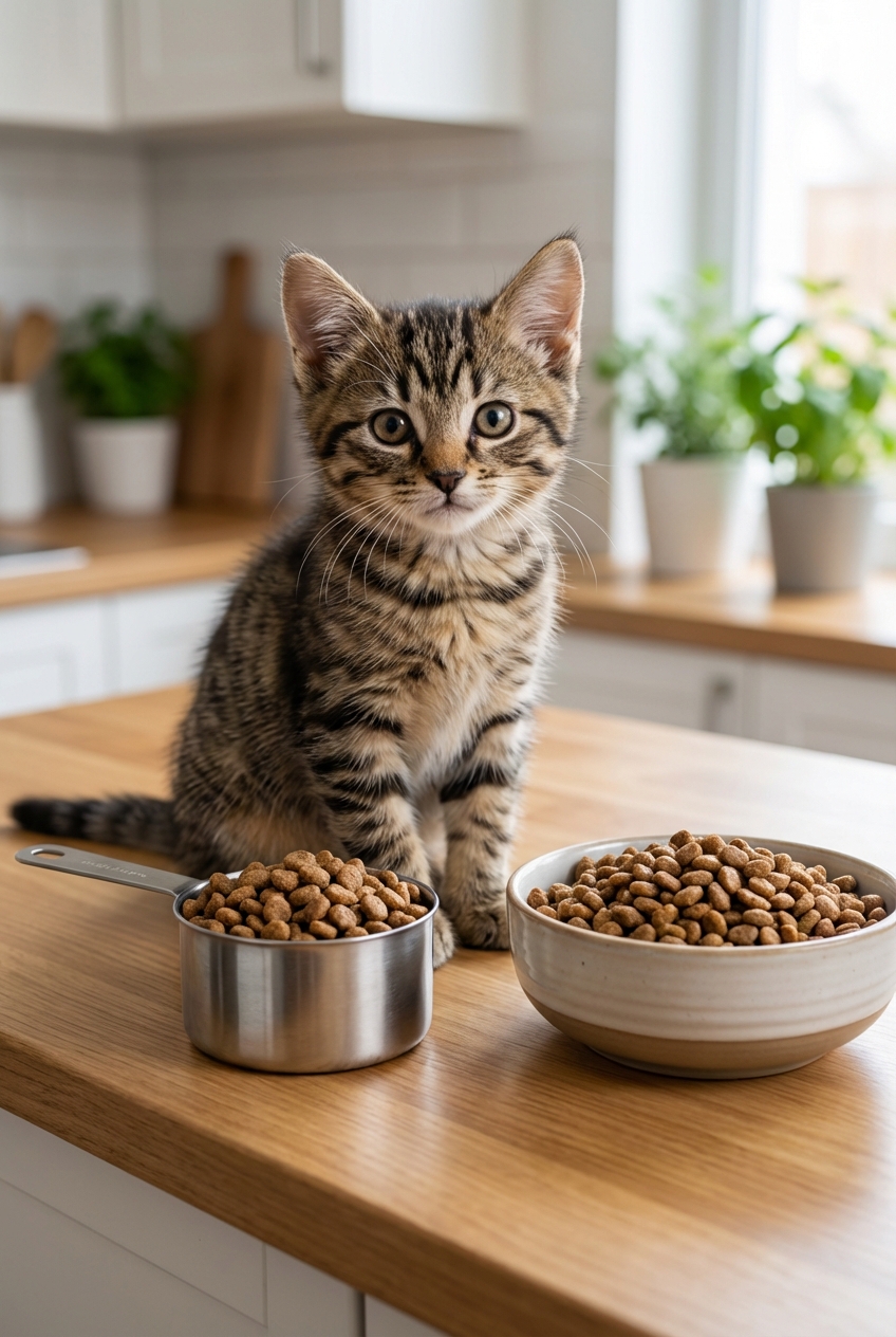 A tabby kitten sitting next to a measuring cup and a bowl of dry kibble