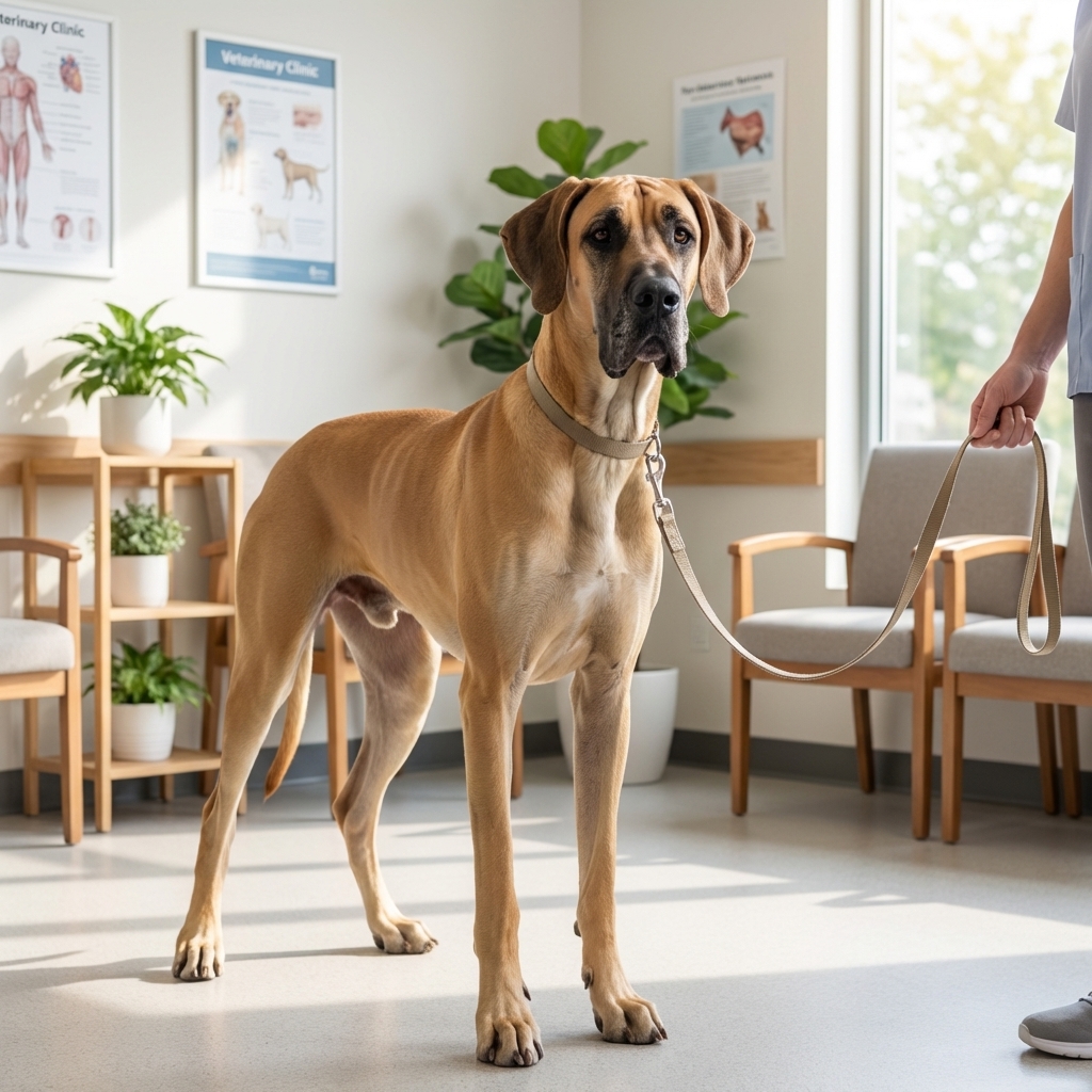 A tall Great Dane standing calmly on a leash in a veterinary clinic waiting area