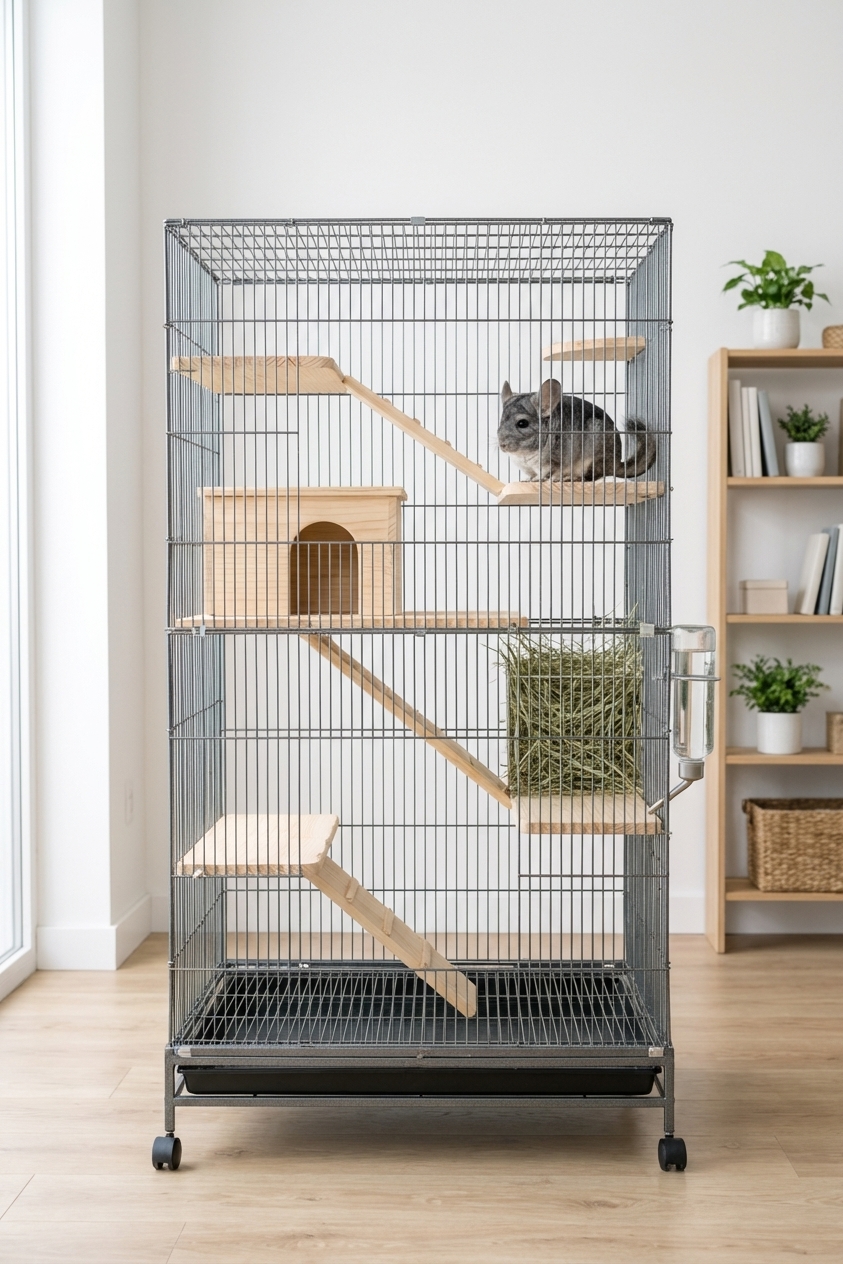 A tall chinchilla cage with multiple wooden ledges, a hide house, hay rack, and water bottle, photographed straight-on in a tidy room, photorealistic