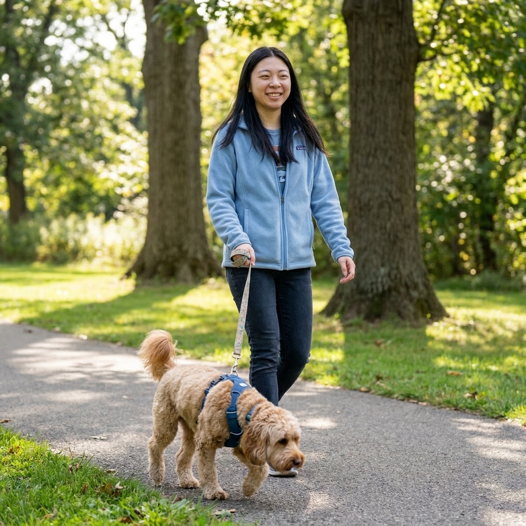 A tan Cockapoo wearing a harness walking on a leash on a park path with green grass in the background, candid outdoor photo