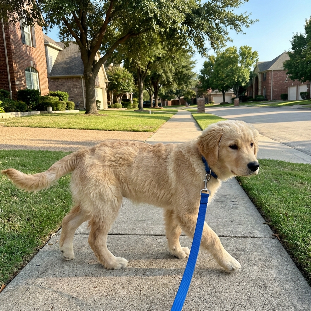 A teenage puppy walking on a leash on a quiet neighborhood sidewalk