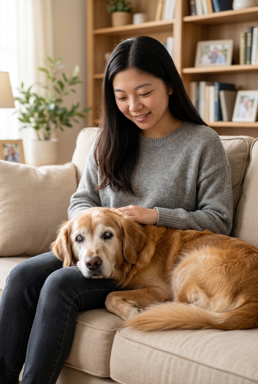 A teenager sitting quietly on a couch with an elderly dog resting with its head on the teen’s lap