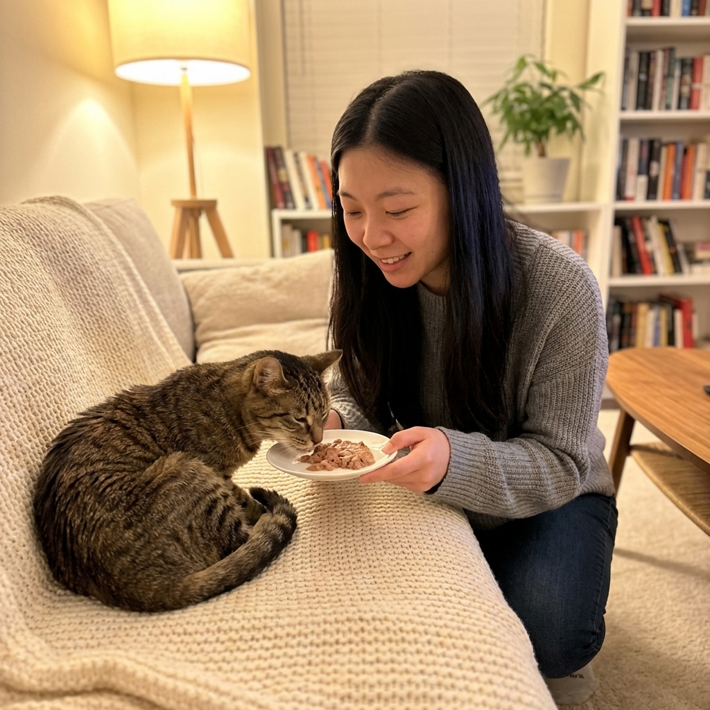 A thin adult cat resting on a soft blanket at home while an owner gently offers a small plate of food, warm indoor lighting, photorealistic lifestyle scene