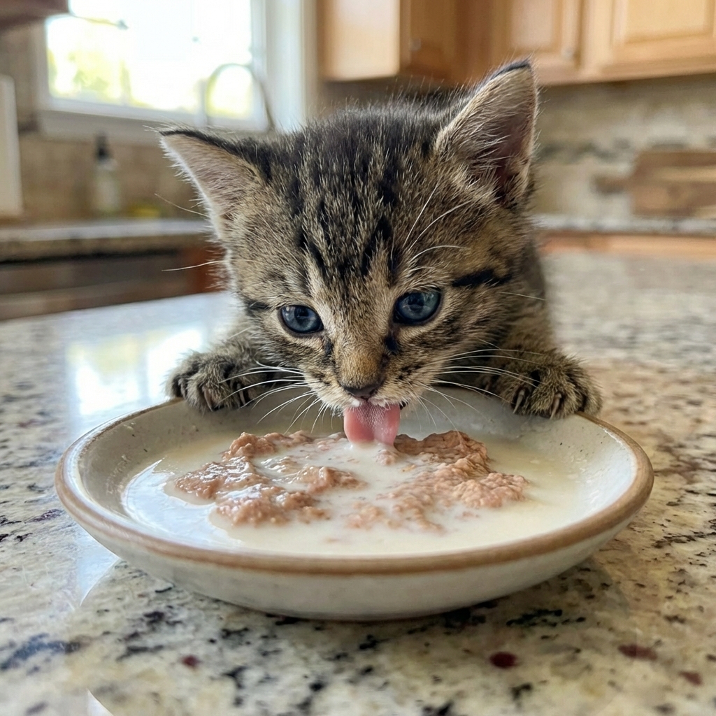 A three-week-old kitten lapping a small amount of formula mixed with wet kitten food from a shallow dish