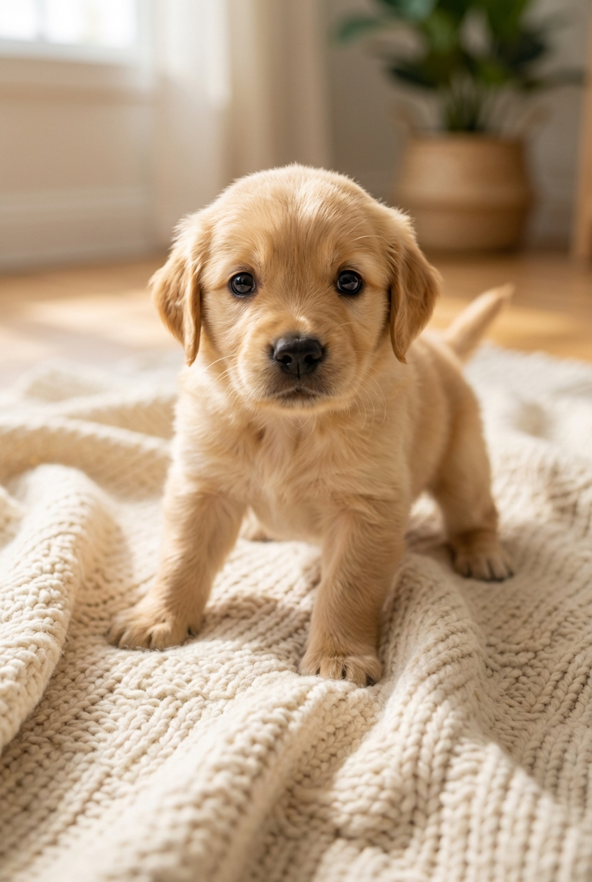 A three-week-old puppy standing unsteadily on a soft blanket while looking toward the camera