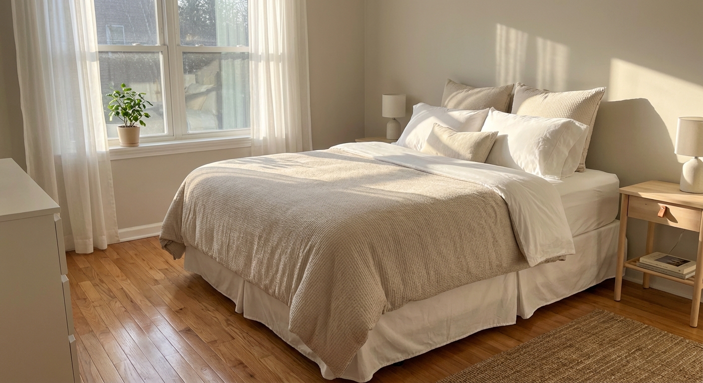 A tidy bedroom with a freshly made bed and sunlight coming through a window